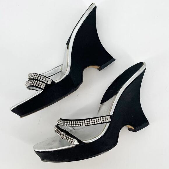 Dior Vintage Y2K Black Silver Crystal Logo Platform Wedge Sandal Mule EU 37.5 - Picture 5 of 15